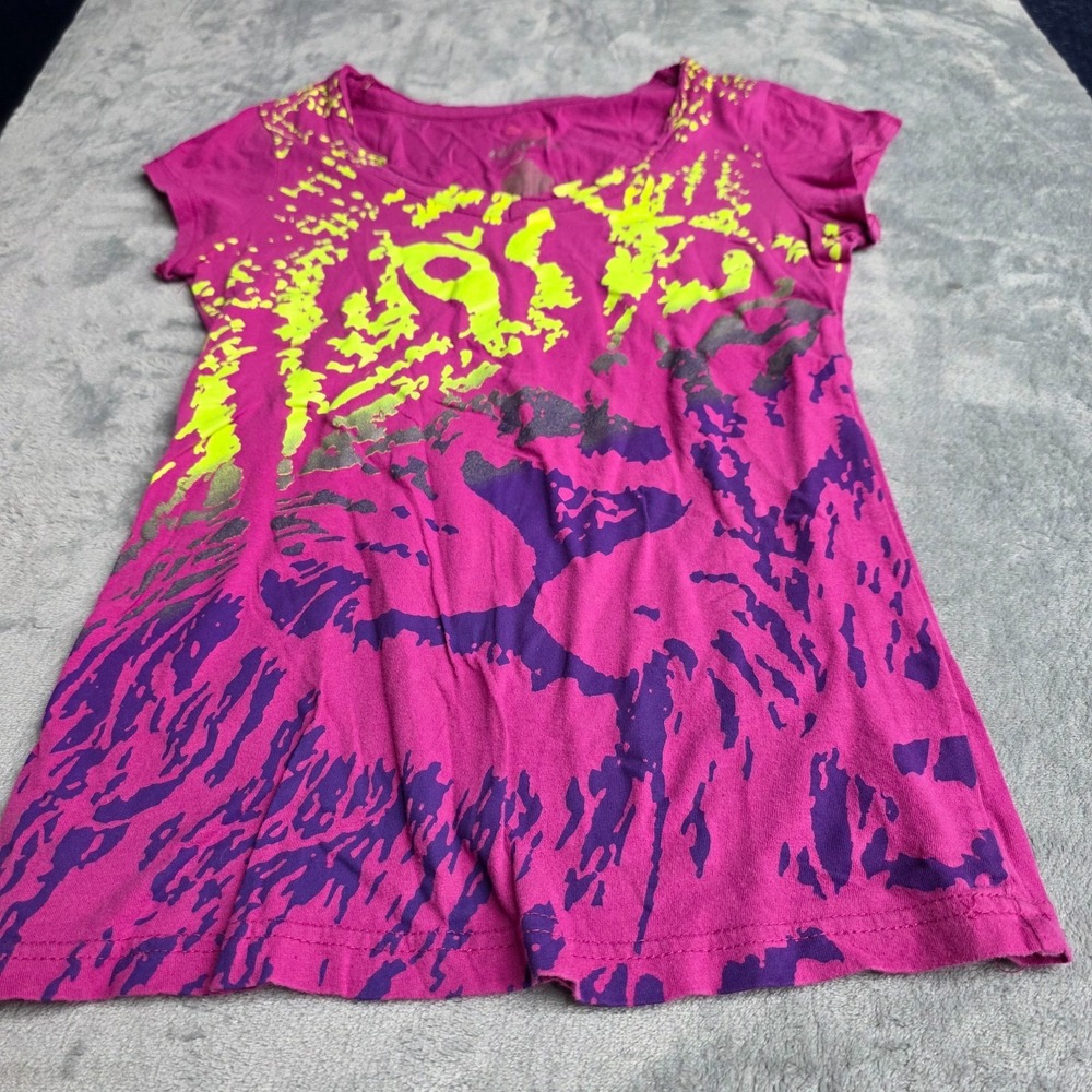 Y2K‎ Miley Cyrus/Max Azaria Lion Graphic Tee Pink Neon Yellow Shirt Women Sz M